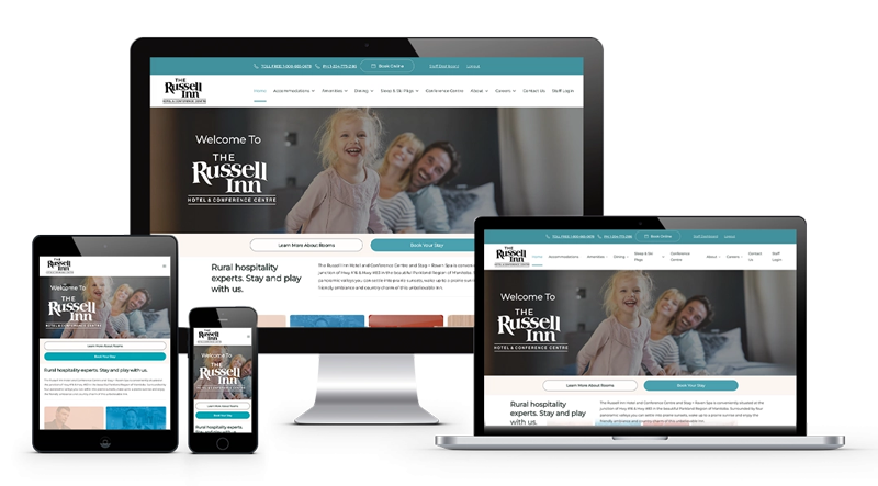 A warm and welcoming page with a happy family, The Russell Inn on various devices