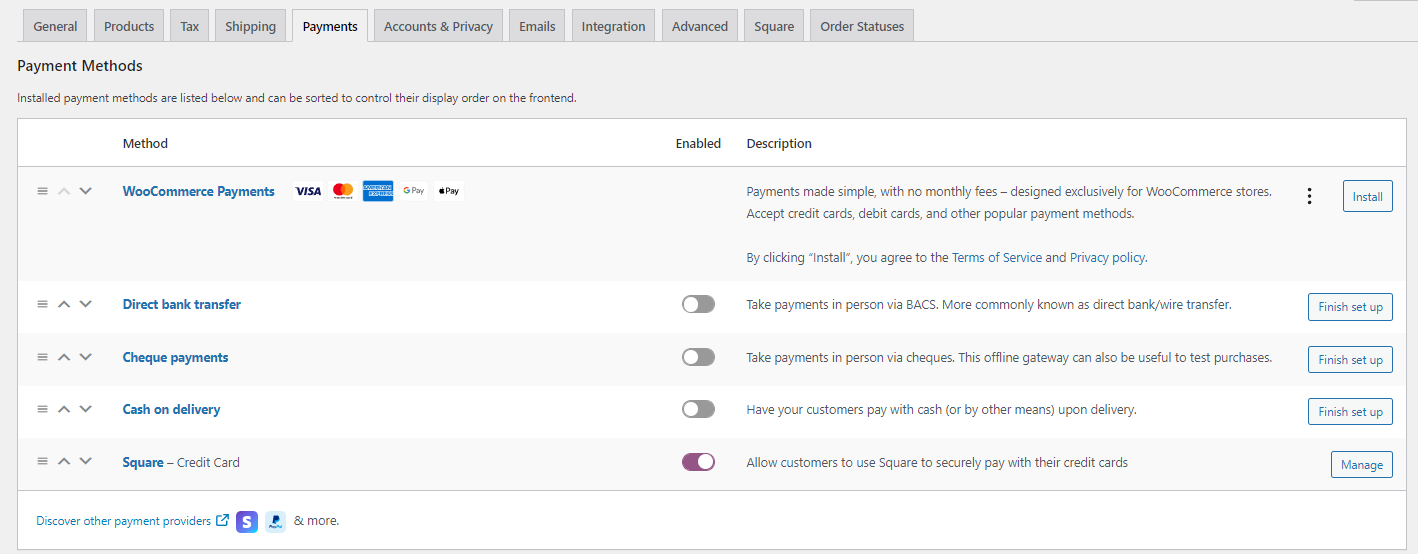 Payments WooCommerce Settings