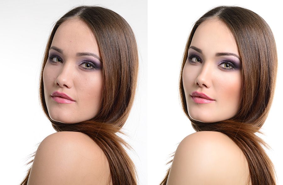 brunettes headshot with and without phottouching
